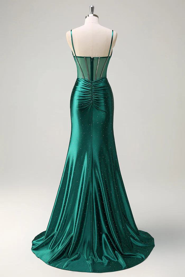 Weitese Dress Sparkly Dark Green Mermaid Spaghetti Straps Corset Beaded Maxi Dress Prom Dress Formal Dress With Slit Evening Dress